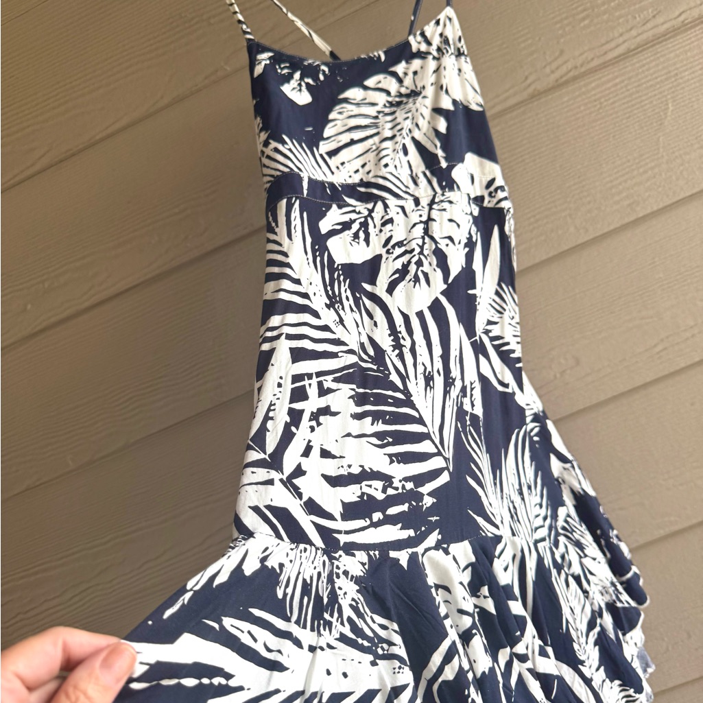 Navy And White Tropical Print Dress